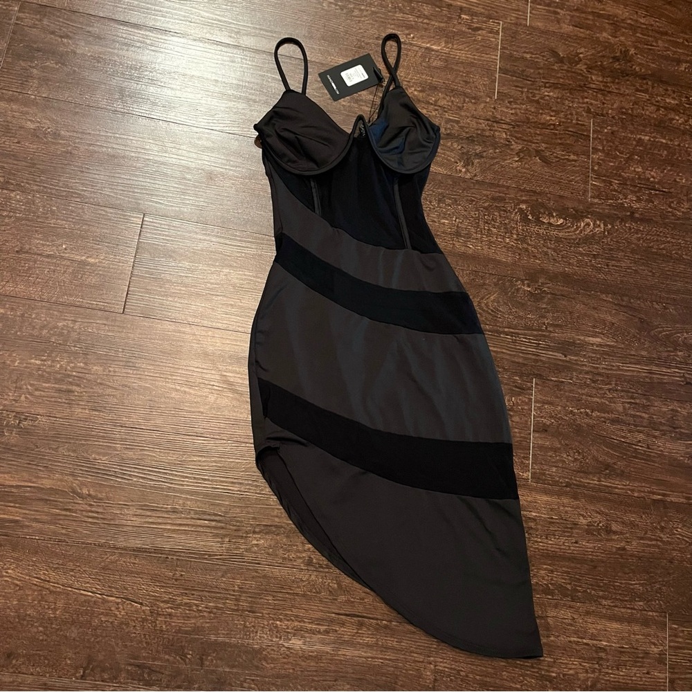 NWT Fashion Nova Black Mesh Asymmetrical Dress Bodycon Underwire Womens Small